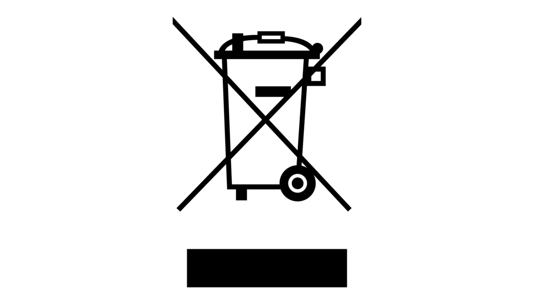 Symbol des Elektrogesetzes: durchgestrichener Mülleimer mit Balken, Kennzeichnung für getrennte Entsorgung von Elektro- und Elektronikgeräten.