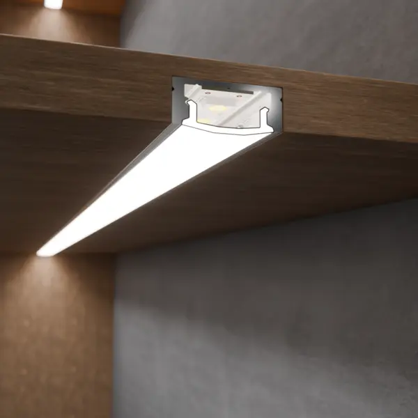 Einbaumontage LED-Lichtleiste CALLU im Holzfachboden – effiziente Beleuchtungslösung von DWD Conceptsion der LED-Lichtleiste CALLU – eingelassen in Holzfachb
