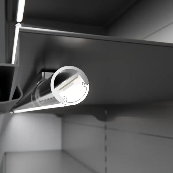 Montagesituation der LED-Lichtleiste GALLERY am Metallregal – effiziente Regalbeleuchtung von DWD Concepts