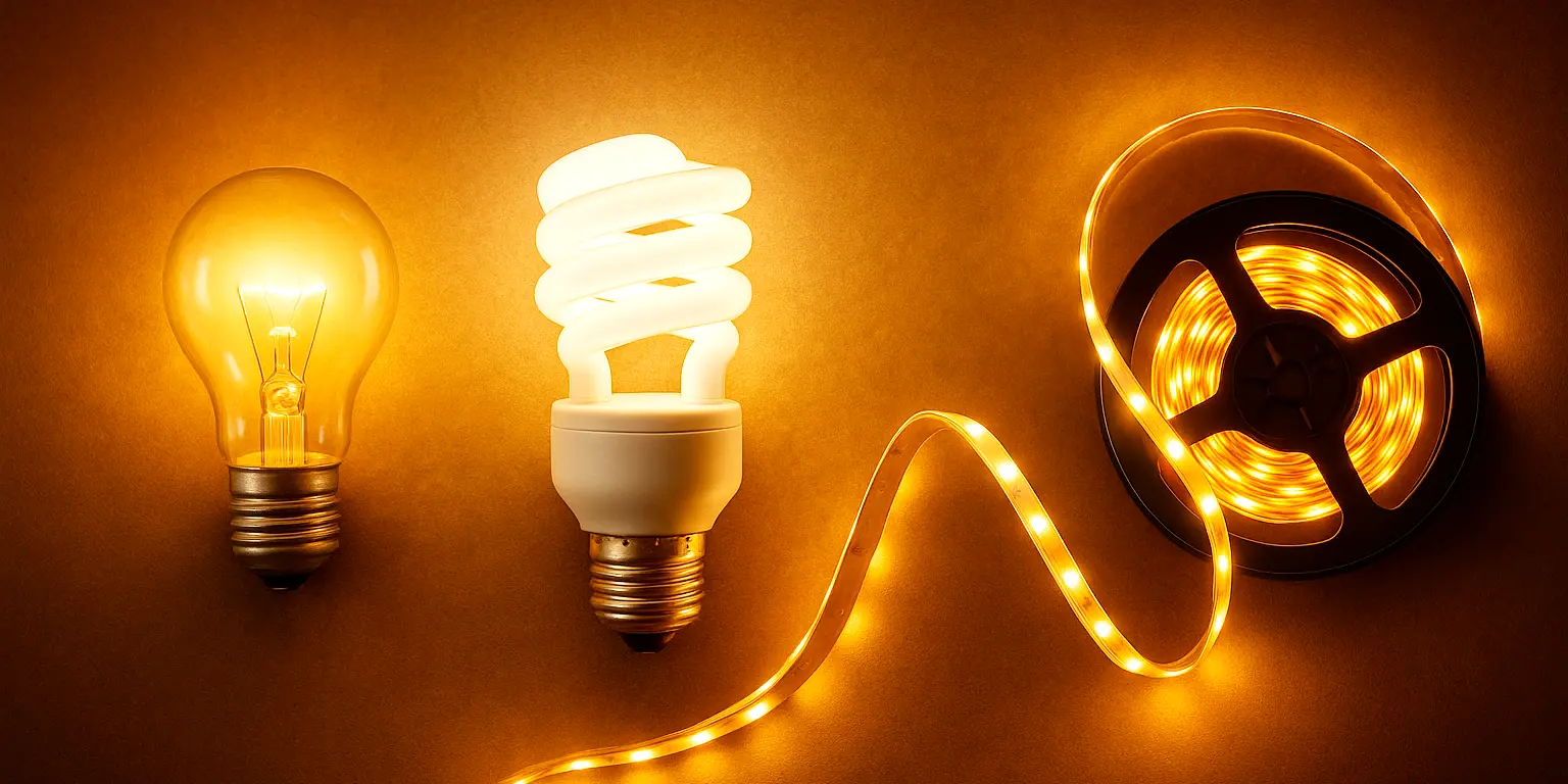 Illustration „Lichtsysteme im Vergleich“ mit grafischer Darstellung verschiedener LED-Beleuchtungslösungen.