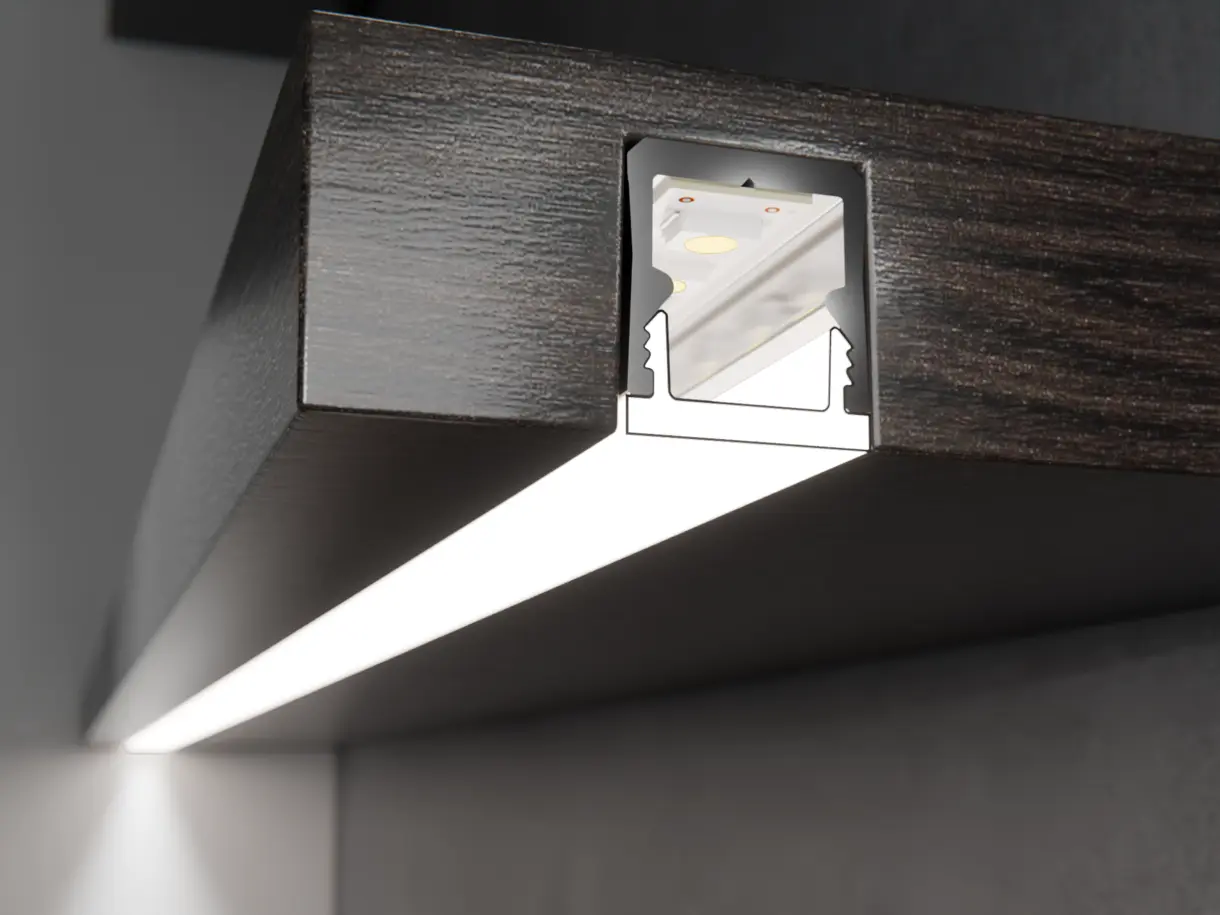 Einbausituation der LED-Lichtleiste RIPPS in eingelassener Montage – dezente Lichtintegration von DWD Concepts