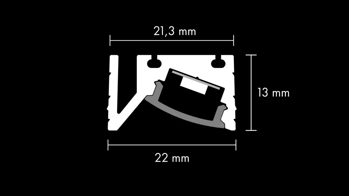 Querschnittszeichnung der LED-Lichtleiste CAPH mit Diffusor und Abmessungen – technische Darstellung von DWD Concepts