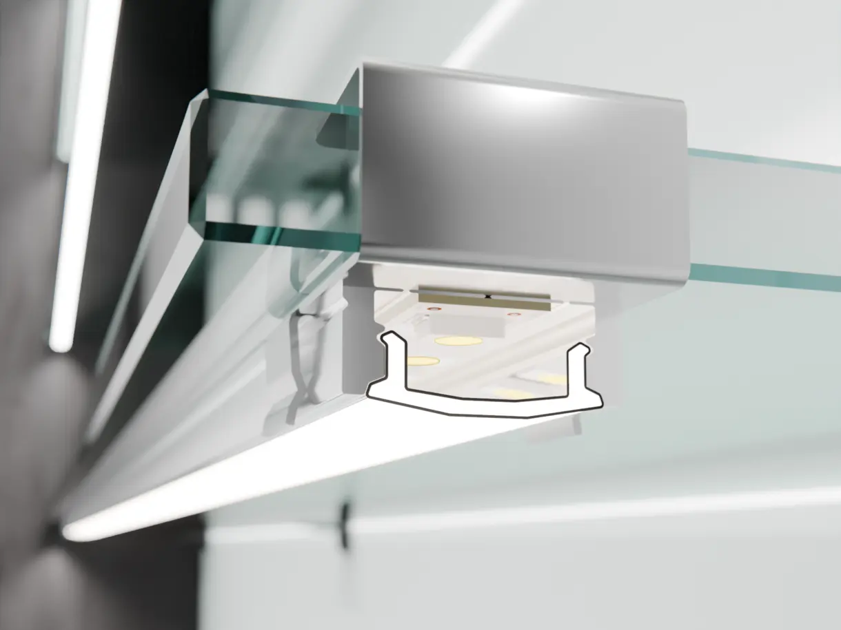 CALLU LED-Lichtleiste in Aufbaumontage am Glasfachboden – elegante Beleuchtungslösung von DWD Concepts