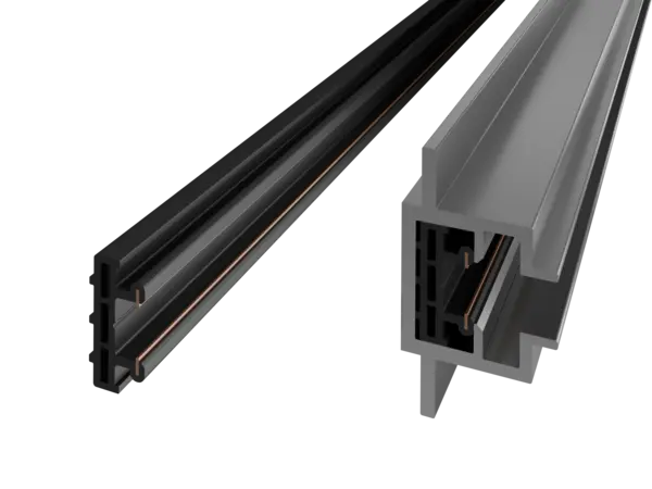 linke Abbildung: BBS INWI Stromschiene – rechte Abbildung: Stromschiene integriert im Aluminiumträgersystem – flexible Stromschienenlösung von DWD Concepts