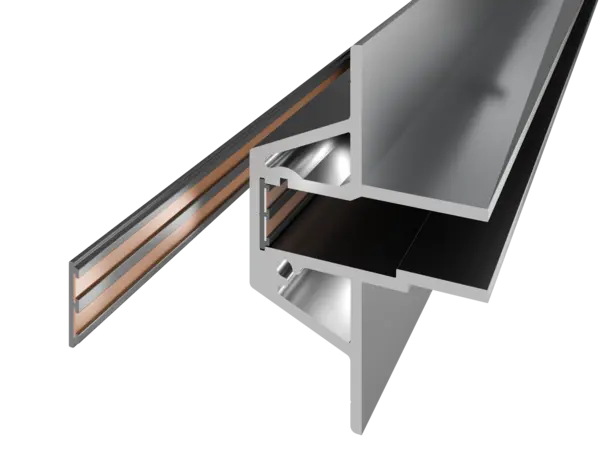 linke Abbildung: INWI Carry Stromschiene – rechte Abbildung: Stromschiene integriert im Carry-Aluminiumträgersystem zur Aufnahme steckbarer Lichtfachböden – flexible Stromschienenlösung von D