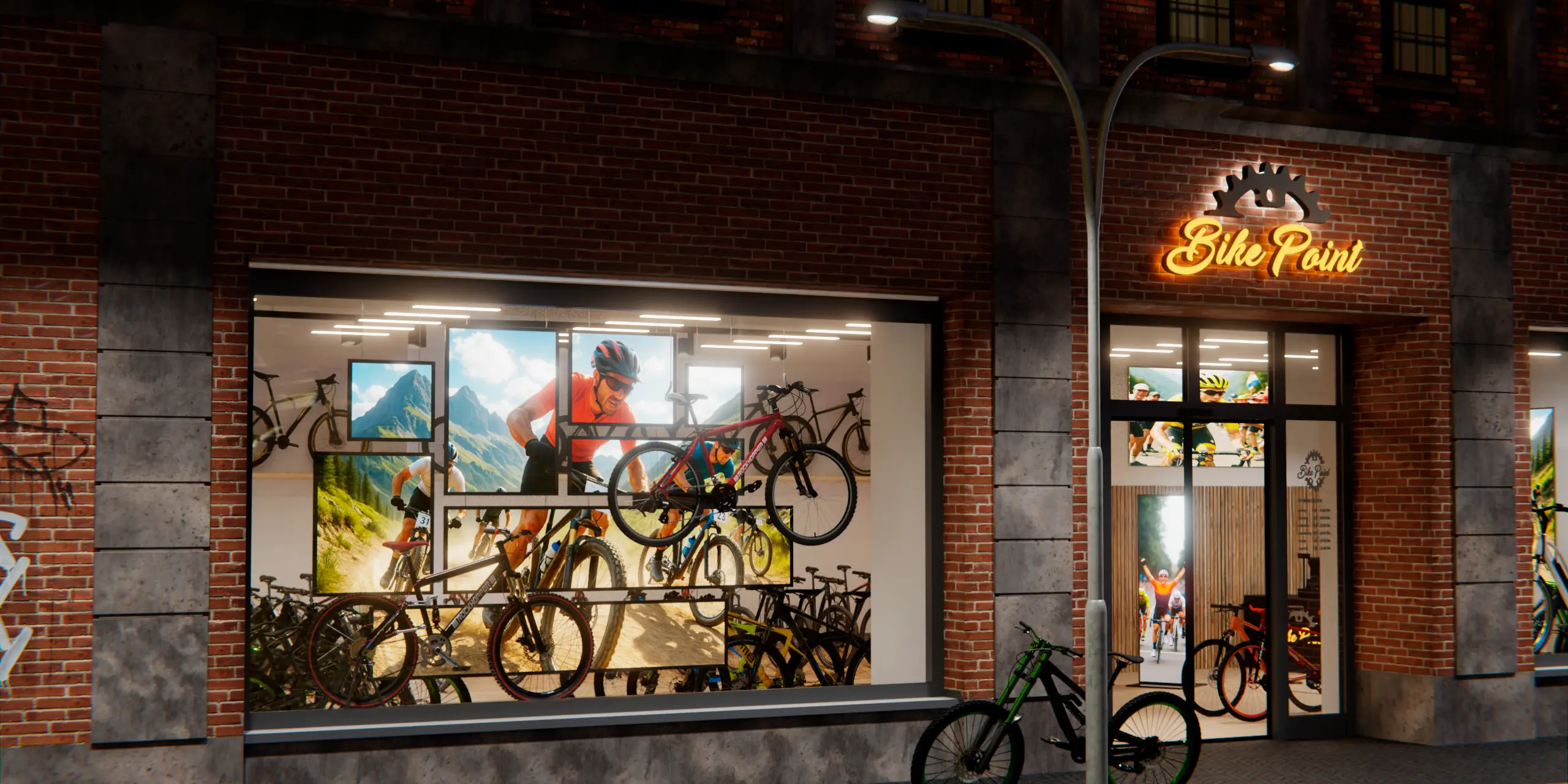 Bike-Shop Schaufenster mit LED-Leuchtrahmen ACE Panel 15 für aufmerksamkeitsstarke Produktpräsentation