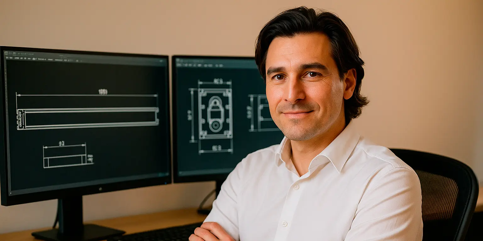 Konstrukteur am Arbeitsplatz, bei der technischen Planung und Entwicklung von Bauteilen.