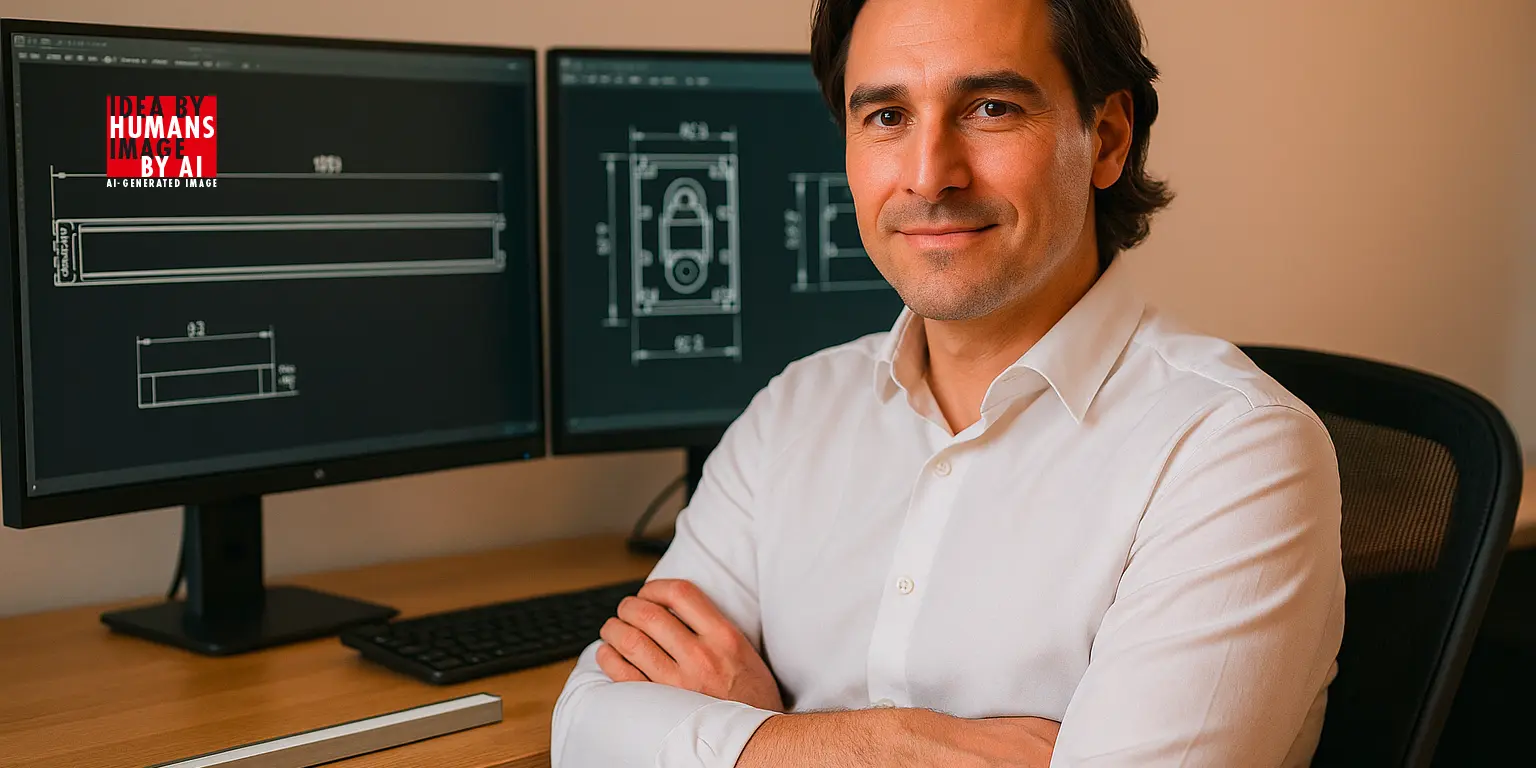 Konstrukteur am Arbeitsplatz, bei der technischen Planung und Entwicklung von Bauteilen.