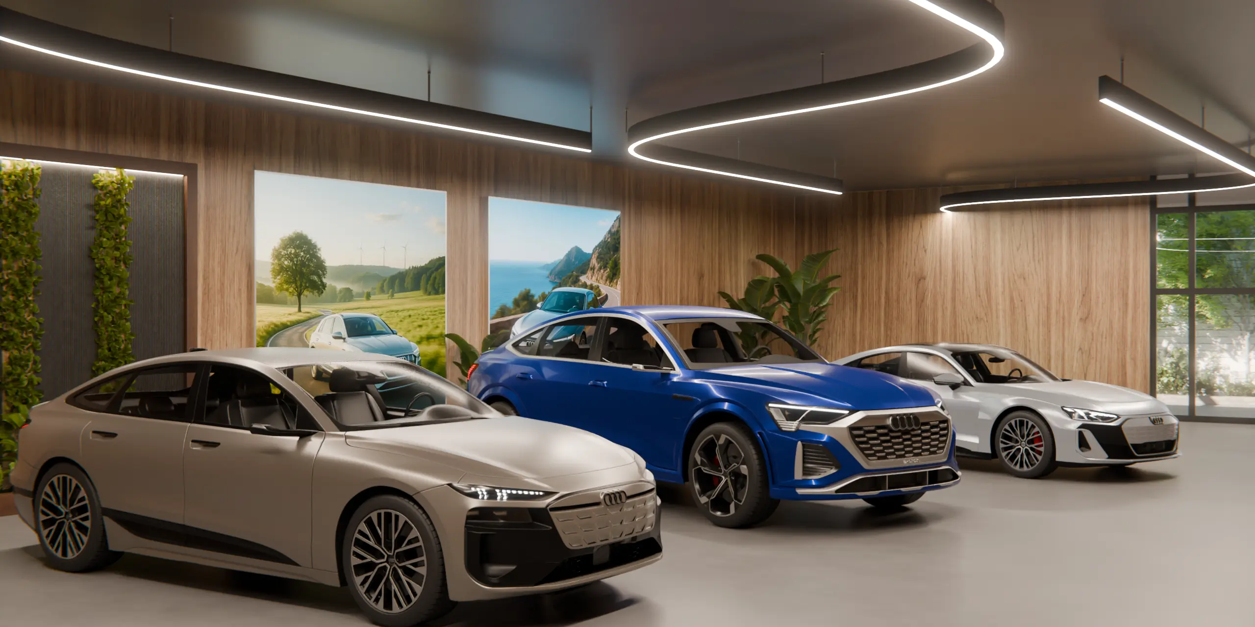 Wandmontierte LED-Textilspannrahmen zur Markenpräsentation im Autohaus