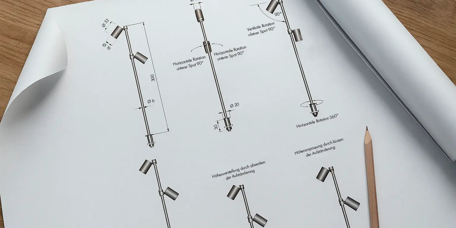 Technische Zeichnung der aufgeständerten Vitrinenleuchte INWI Linda mit Detailansicht von Aufbau und Anschlusssystem.