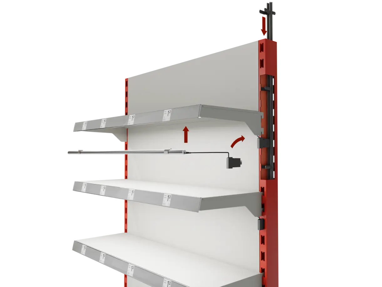 Querschnitt einer Regalsäule mit integrierter INWI Standard-Stromschiene und Montageschema des INWI Standard-Plugs mit LED-Lichtleiste – innovative Stromschienenlösung von DWD Concepts
