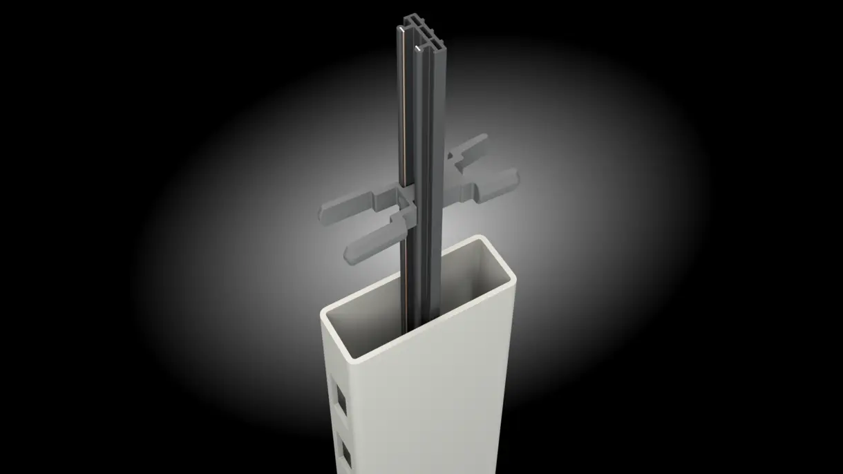 INWI Standard Stromschiene in Regalsäule 80 x 30 mm mit Abstandhaltern von DWD Concepts – unsichtbare LED-Stromzufuhr für Möbel-, POS- und Messebau.