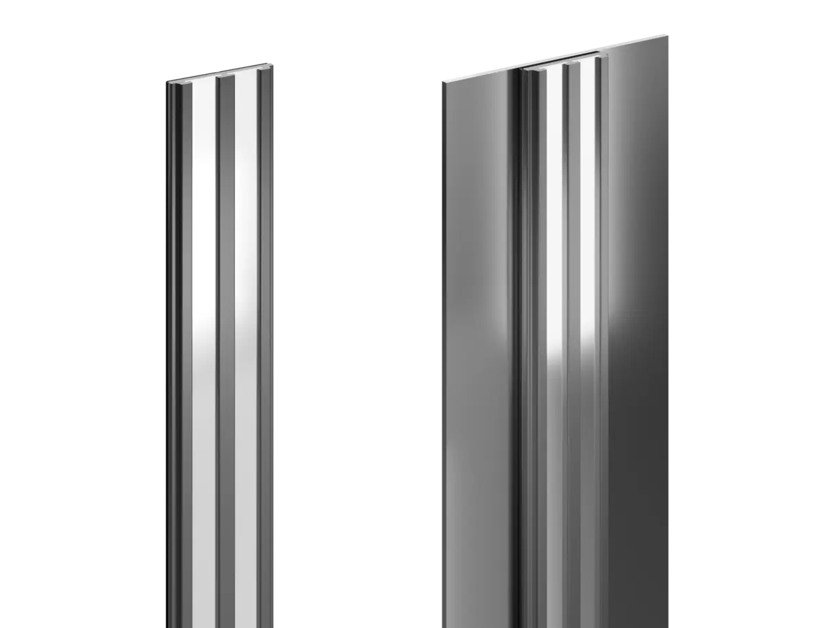 linke Abbildung: INWI X Magline Stromschiene – rechte Abbildung: Stromschiene montiert in Regalrückwand – flexible Stromschienenlösung von DWD Concepts