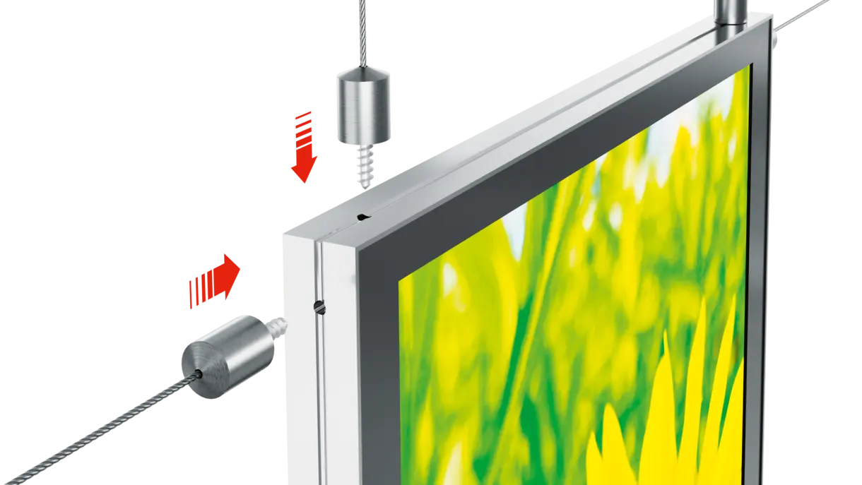 LED-Leuchtrahmen ACE Panel 15 mit Drahtseilaufhängung für flexible Deckenmontage