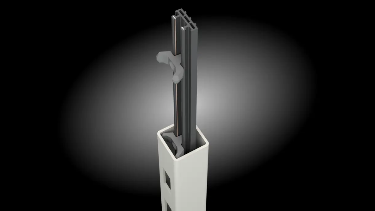 INWI Standard Stromschiene in Regalsäule 30 x 30 mm mit Abstandhaltern von DWD Concepts – dezente LED-Stromzufuhr für Anwendungen im Möbel-, POS- und Messebau.