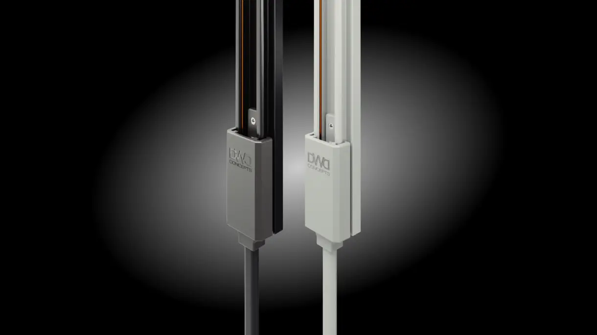 INWI X-line Stromschiene mit Einspeisung von DWD Concepts – dezente LED-Stromzufuhr für Möbel-, POS- und Messebau.