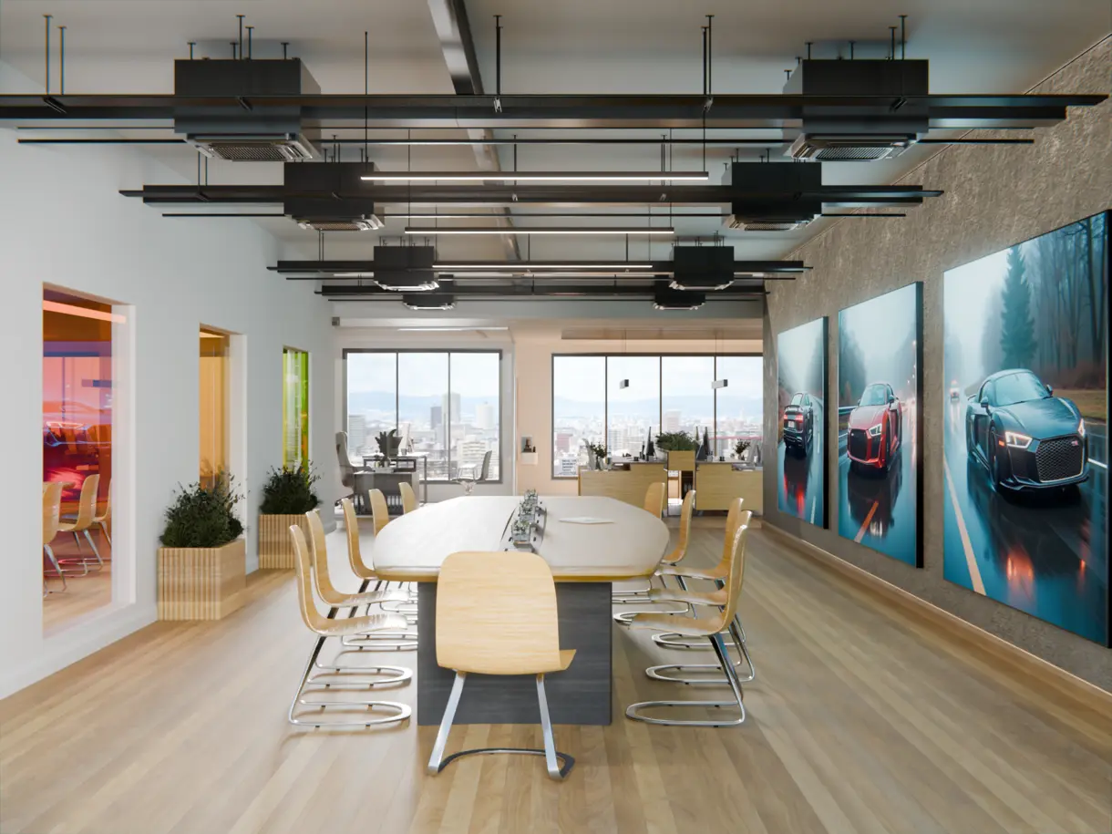 Wandmontierter Textilspannrahmen mit LED-Hinterleuchtung im Konferenzraum, von DWD Concepts