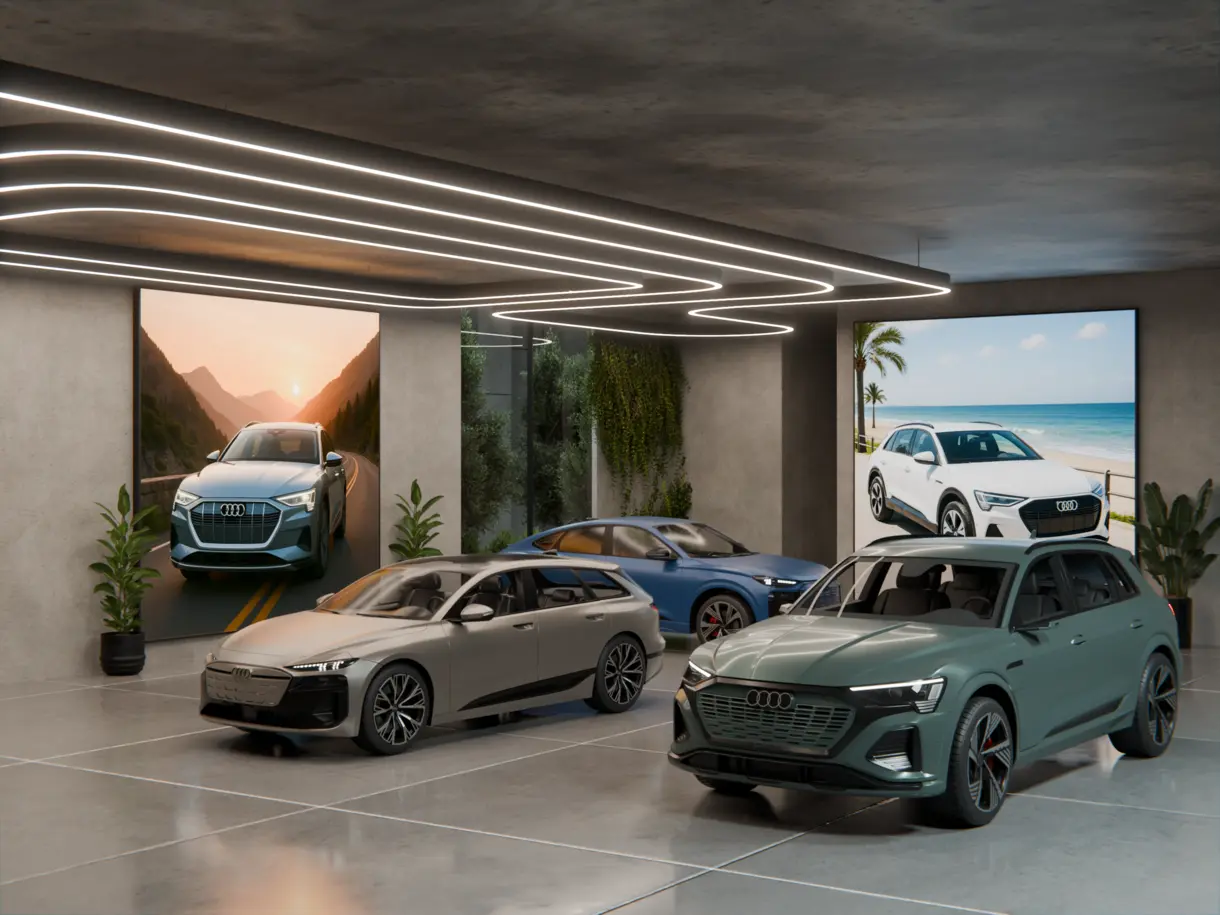 Leuchtende Textilspannrahmen an Wandflächen im Showroom eines Automobilhauses