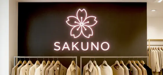 Leuchtlogo und Leuchtbuchstaben des Modelabels SAKUNO, stilvoll beleuchtet an einer Wand montiert.