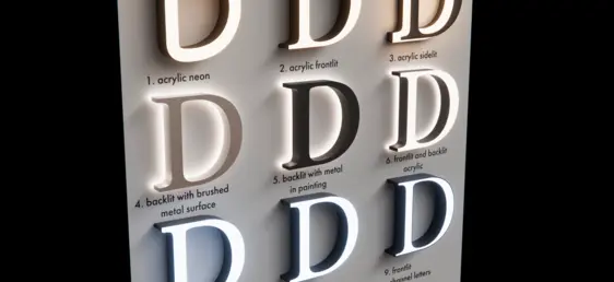 Verschiedene Ausführungen von Leuchtbuchstaben auf einer Musterwand präsentiert.Verschiedene Ausführungen von Leuchtbuchstaben auf einer Musterwand präsentiert.
