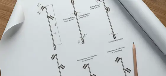 Technische Zeichnung der aufgeständerten Vitrinenleuchte INWI Linda mit Detailansicht von Aufbau und Anschlusssystem.