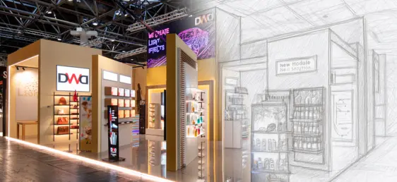 Halb reale, halb skizzierte Darstellung eines DWD Messestands – Verbindung aus Fotorealismus und Scribble-Stil.